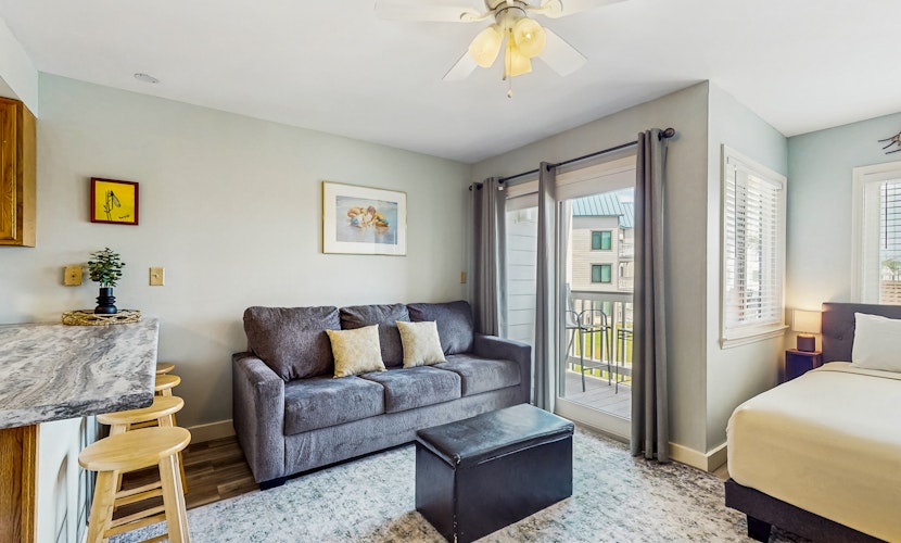 Pool view studio with onsite sauna, beach access, and pickleball courts