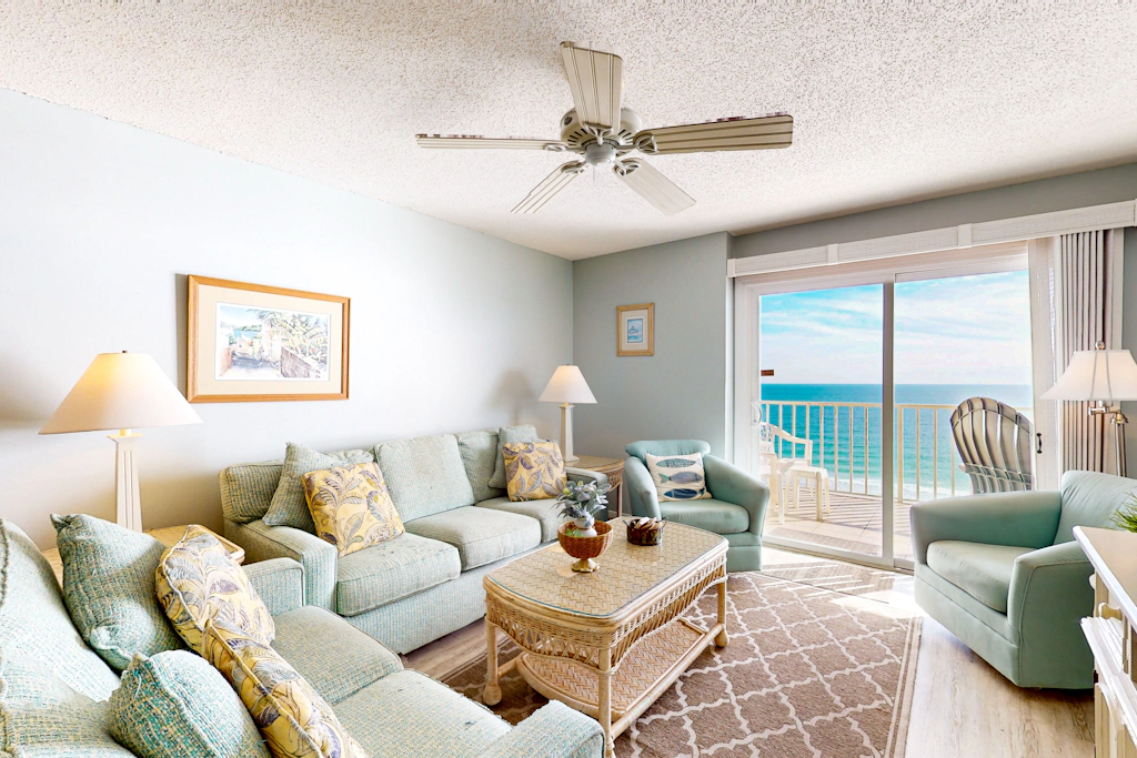 Gulf-front condo with beach views, balcony, central AC & pool