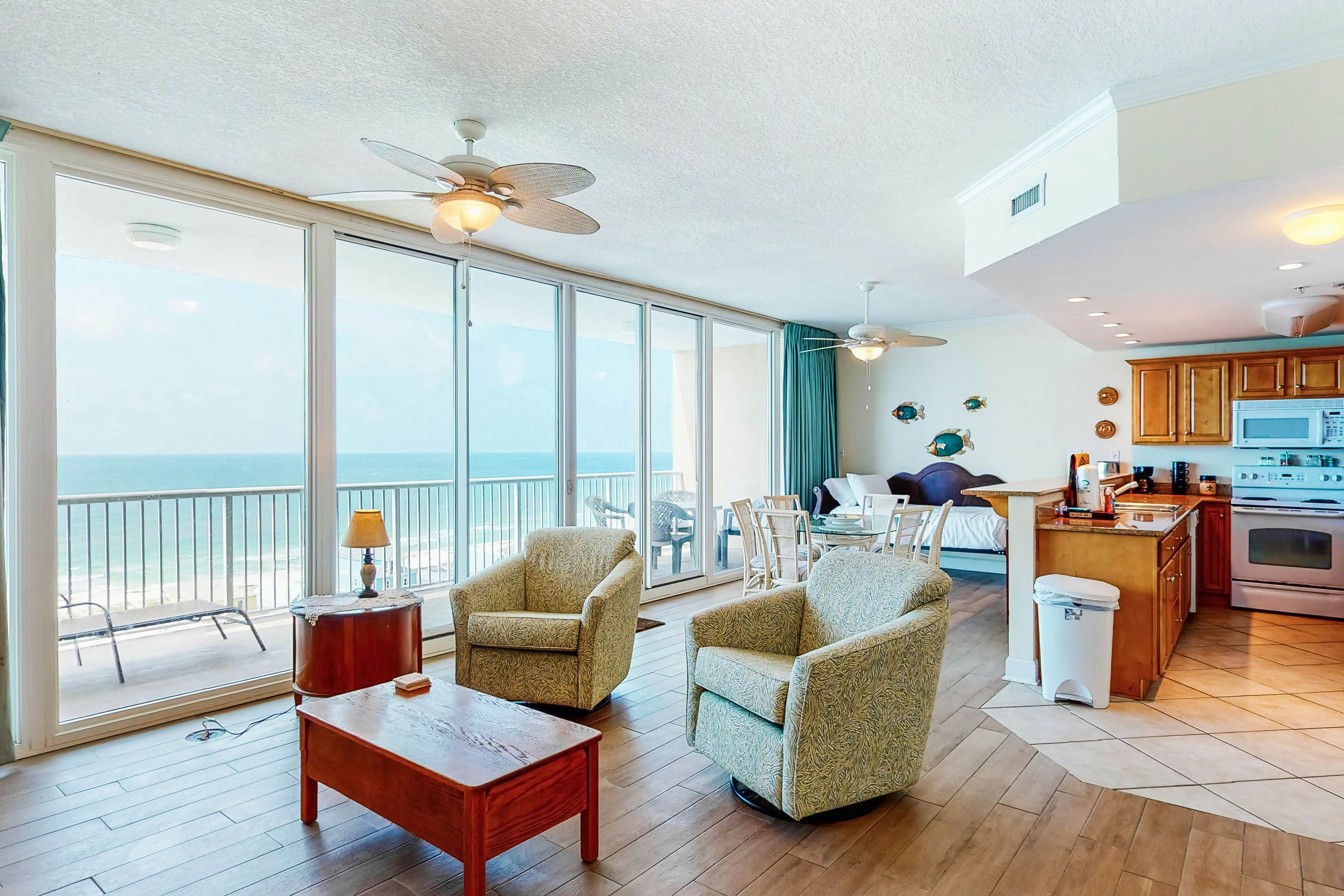 Gulf-view getaway with on-site pool, hot tub, sauna, and fitness center