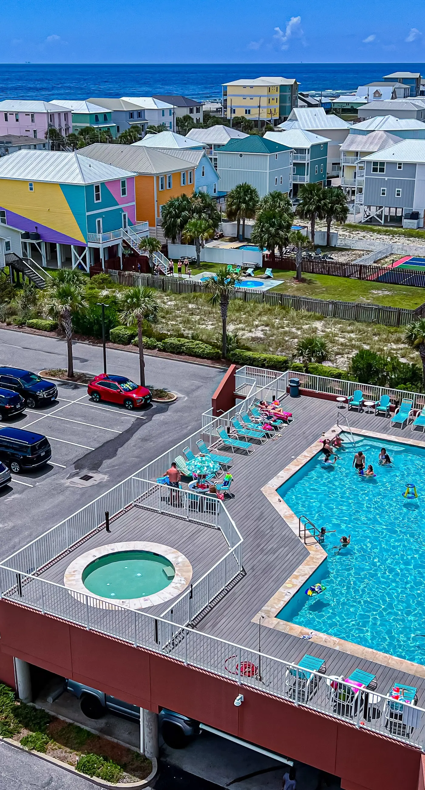 Gulf-view getaway with on-site pool, hot tub, sauna, and fitness center