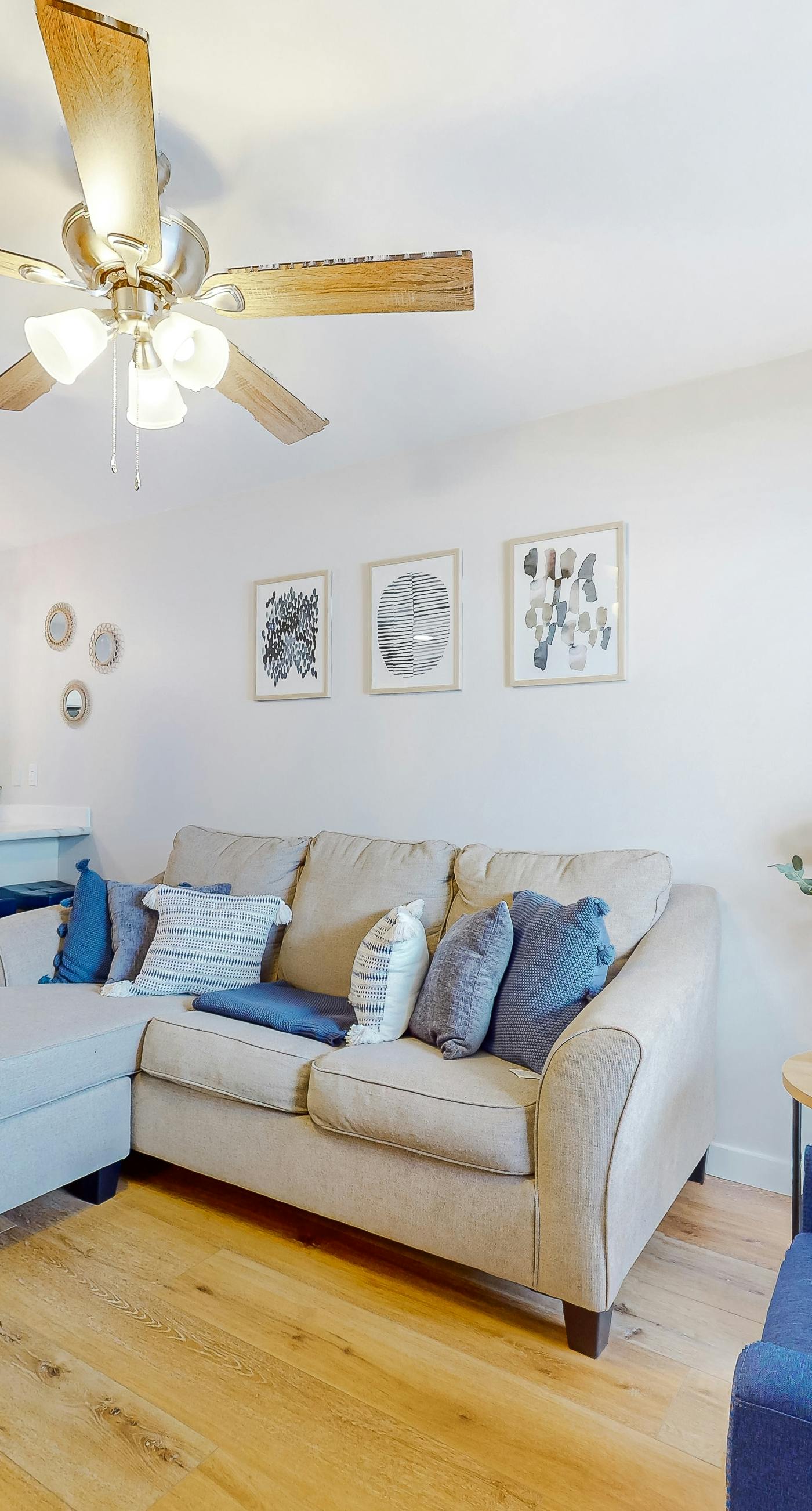 Cozy condo with turquoise pool, open layout, smart TVs, balcony, & AC