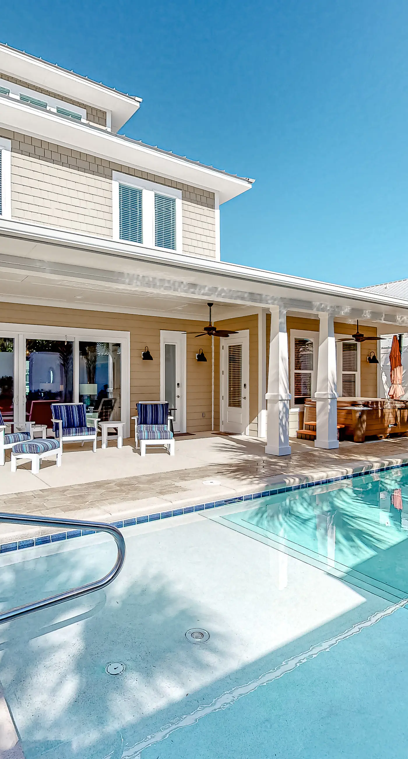 Beachside Craftsman with pool, hot tub, watchtower views, balcony, & golf cart