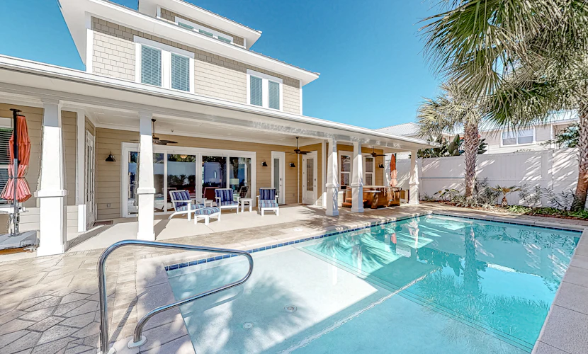Beachside Craftsman with pool, hot tub, watchtower views, balcony, & golf cart