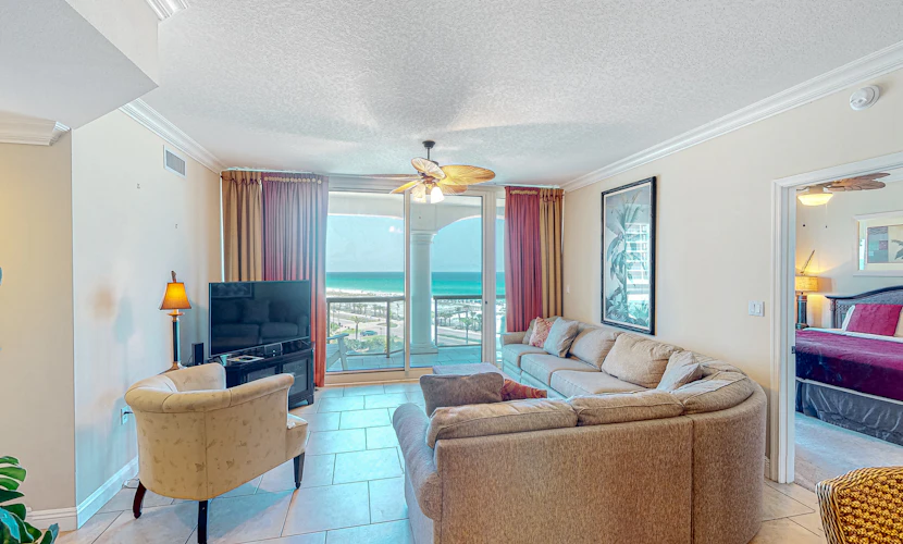 Gulf-view condo with pool, hot tub, beach access, tennis, balcony, AC, & W/D