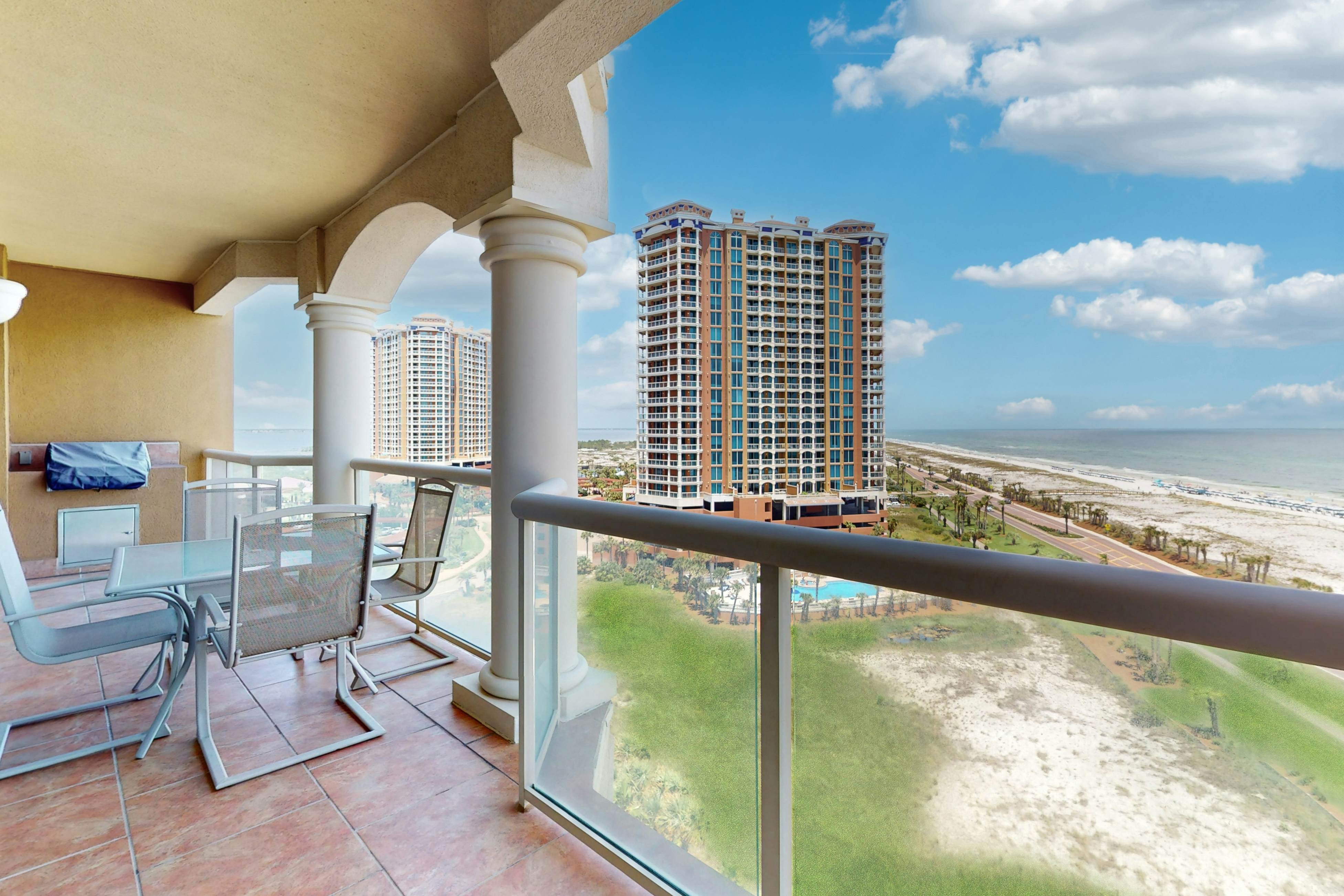 Gulf-view condo with pool, hot tub, beach access, tennis, balcony, AC, & W/D