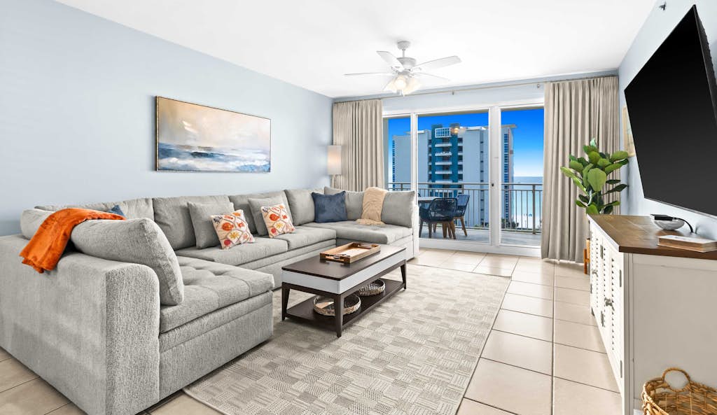 Bright beach condo with water views & private balcony - pool, gym & beach