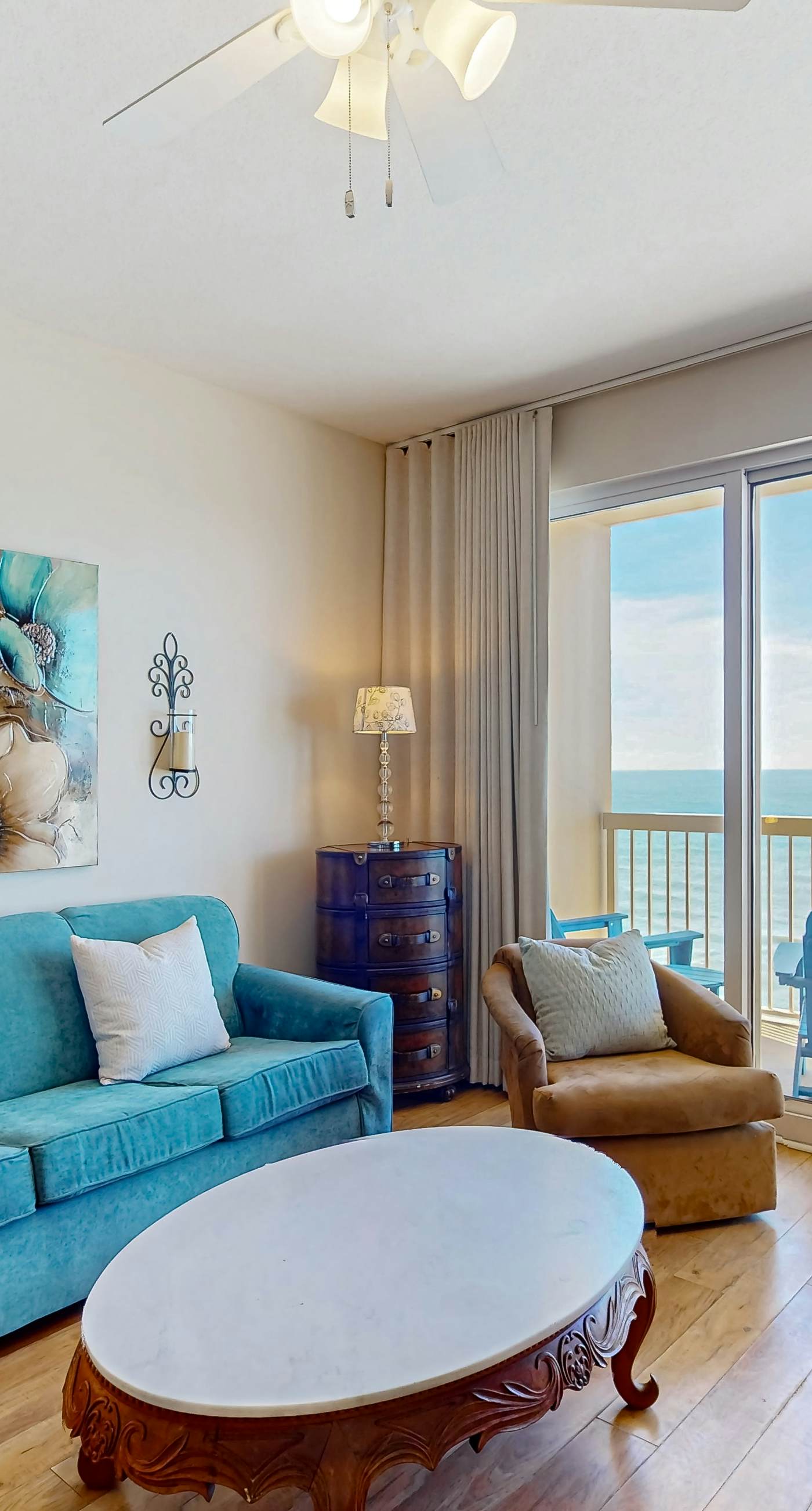 Tropical touches abound with balcony, pools, gym & beach access