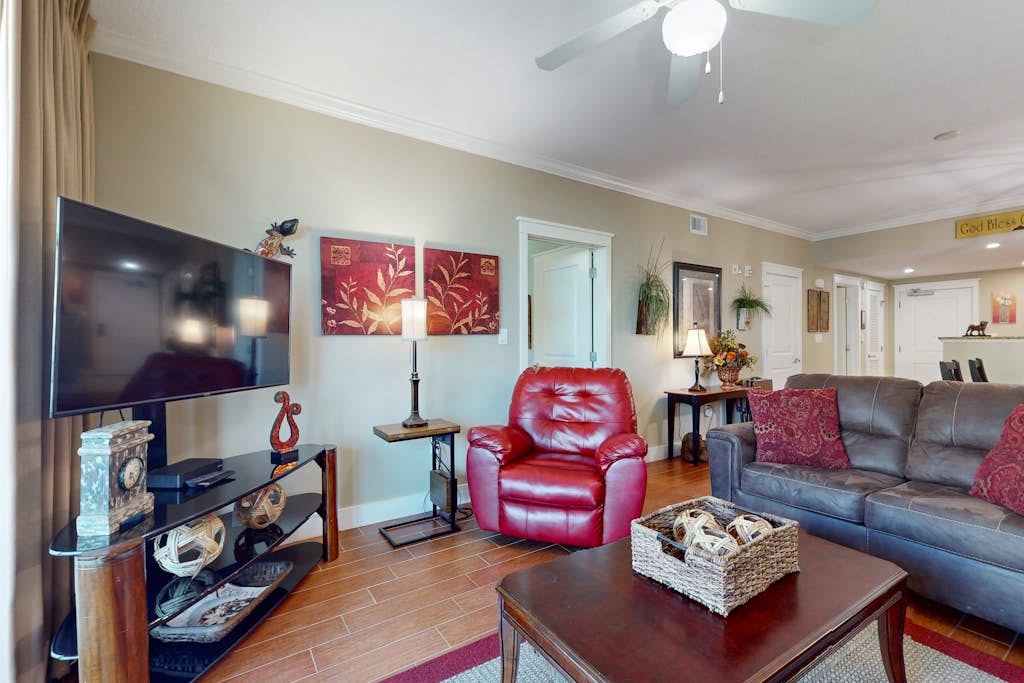 2nd-floor condo with balcony at Waterscape Waterfall, lazy river & beach chairs