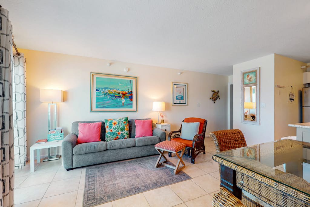Gulf-front condo with shared pool & gym, balcony, WiFi, & great view