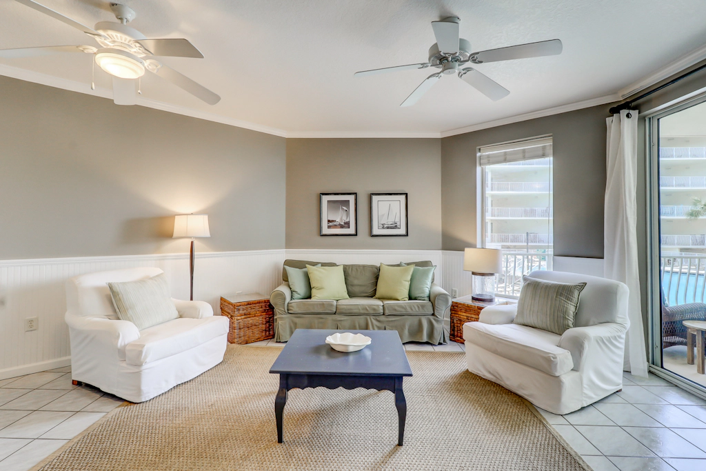 Two-bedroom with bunks, balcony overlooking pool & on-site pickleball