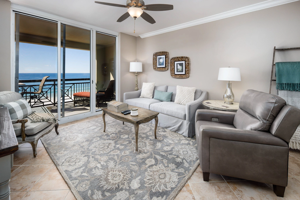 Gulf-view condo with beachfront access, pool, hot tub, gym, AC, & washer&dryer