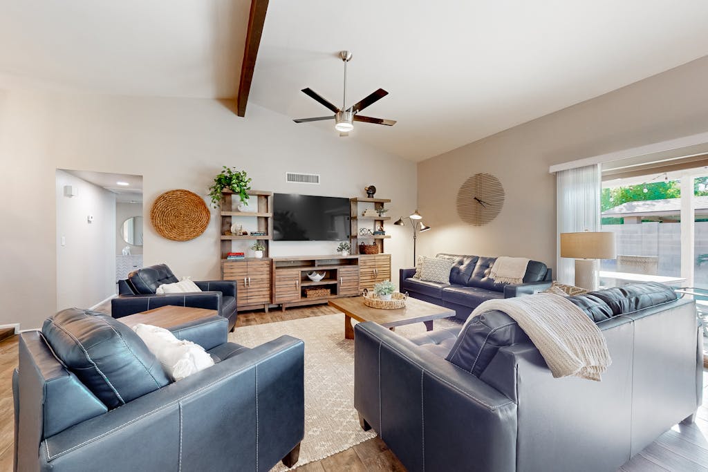 Updated home with enclosed yard, pool, grill, full kitchen, games, W/D, & AC