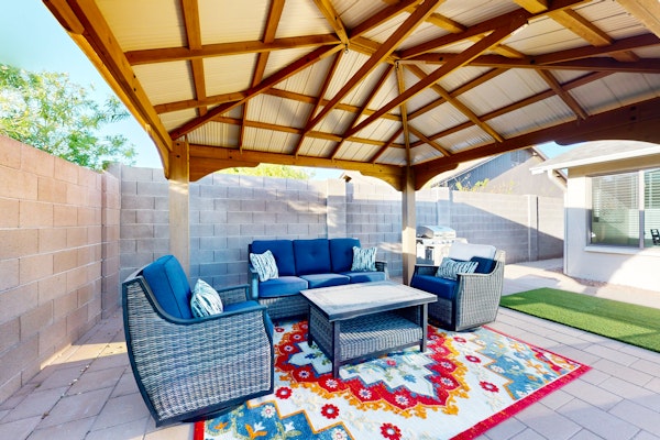 Updated home with enclosed yard, pool, grill, full kitchen, games, W/D, & AC