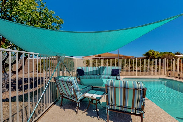 Dog-friendly home with private pool, yoga studio, fitness room & great patio