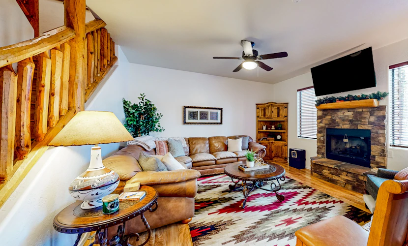 Two-story cabin with furnished decks, fireplace, washer/dryer, & central AC