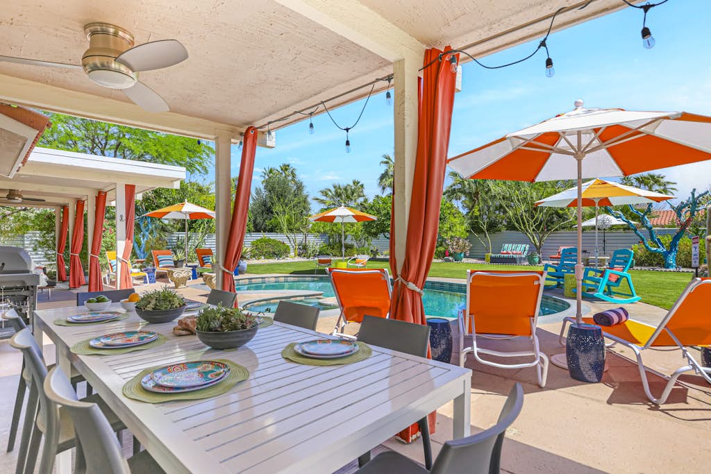 Colorful home with stunning backyard, pool, spa, WiFi, central AC, and fireplace