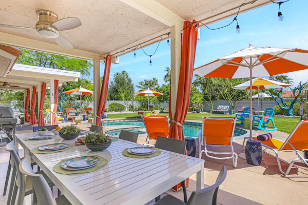 Colorful home with stunning backyard, pool, spa, WiFi, central AC, and fireplace