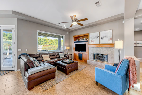 Dog-friendly desert style home with sprawling pool, pool spa, firepit & grill