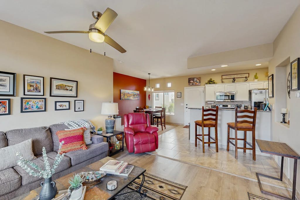 Dog-friendly, ground-floor condo with patio, desert views, pool, hot tub, & W/D