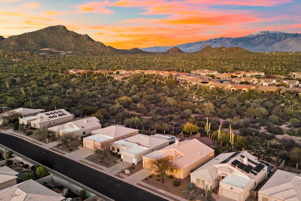 Remodeled modern beauty backs to open desert with mountain views & home theatre
