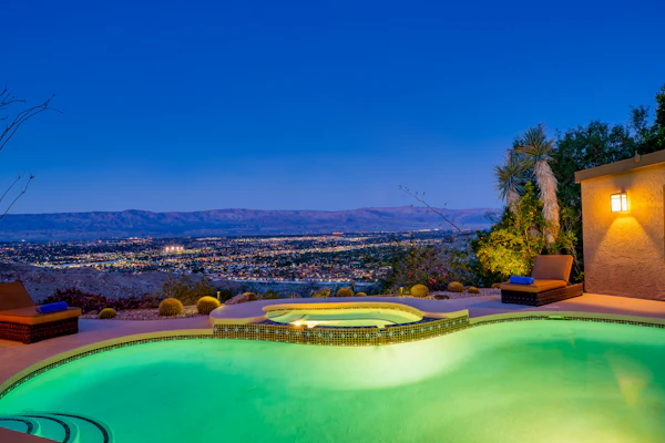 Mountain-view retreat with amazing views of Palm Desert city lights & pool