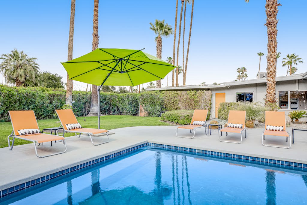 Mid-century modern home with private pool, spa, grill & mountain views
