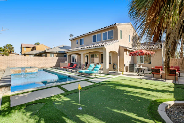 Inviting and unique dog-friendly home with pool, pool spa, firepit, & W/D