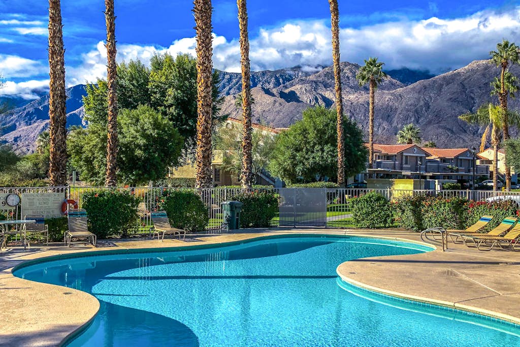Modern palm-surrounded condo with mtn views, heated pool, & AC - dog-friendly