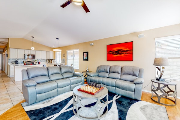 Dog-friendly home with pool, grill, office, enclosed backyard, & fireplace