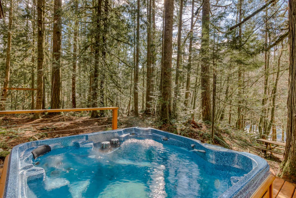 Rustic lodge with private hot tub, fireplace & riverfront views - dog-friendly