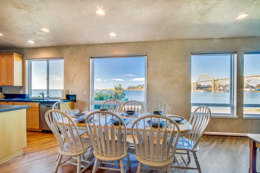 Walk to Oregon Coast Aquarium from this modern, dog-friendly, oceanview home