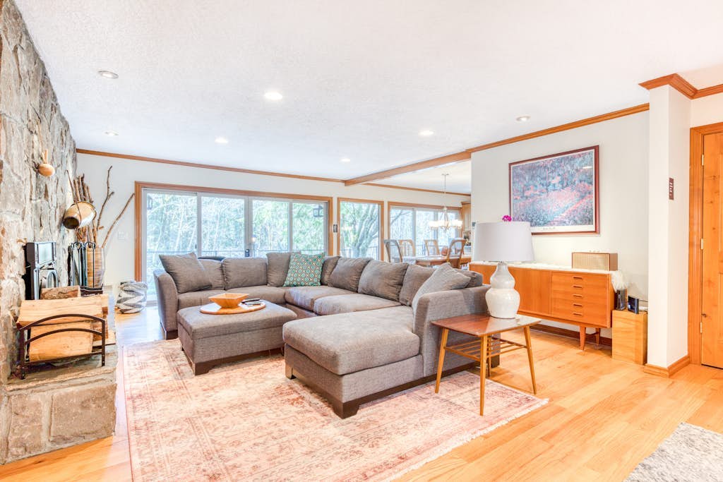 Dog-friendly, riverfront home w/ a wood-burning fireplace & views