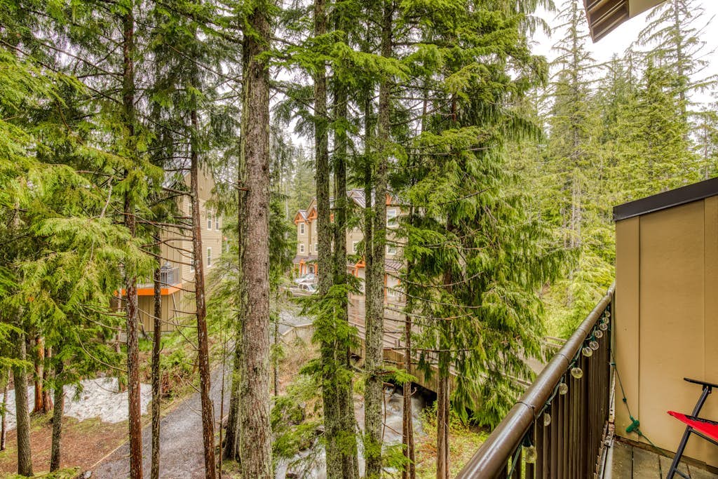 Three-story retreat with a gas fireplace plus access to pool, hot tub, & sauna