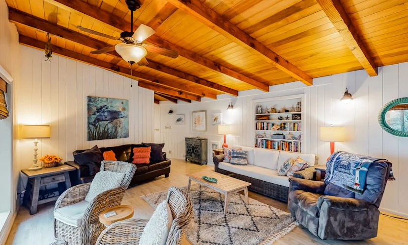 Impeccable oceanview home with private beach access & large deck