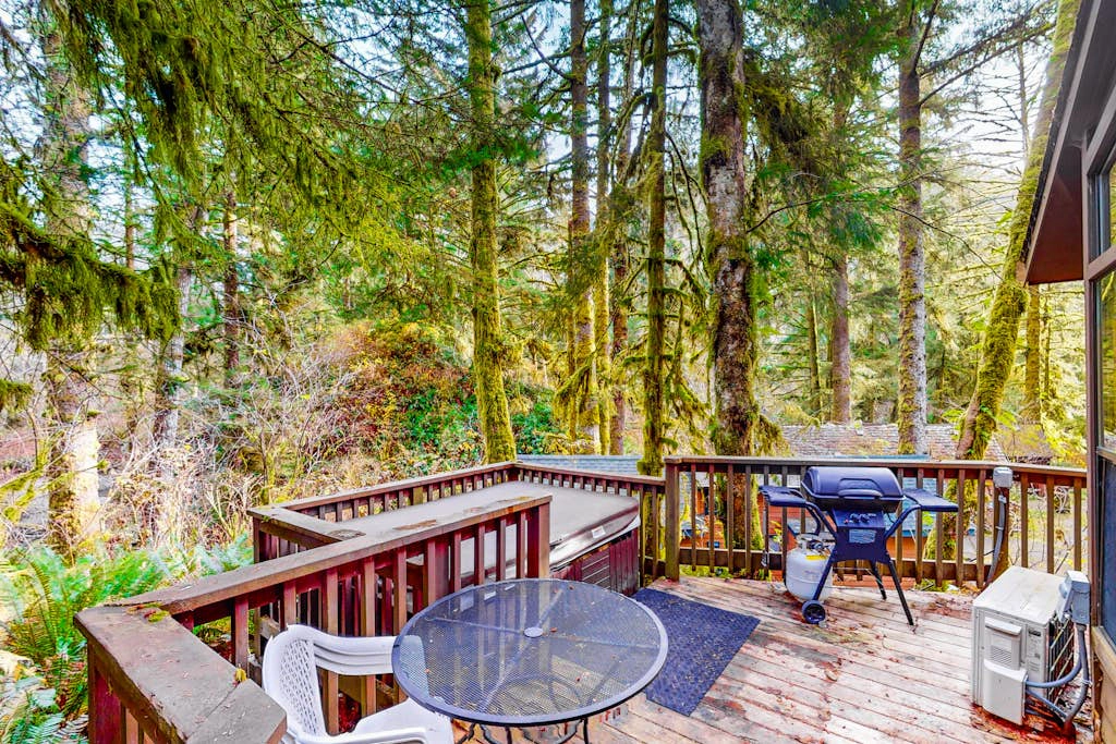 Dog-friendly cabin near beach with private hot tub, grill, patio, streaming, AC