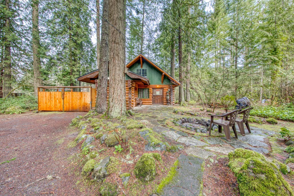 Historic riverfront Steiner cabin in forest with firepit, deck, & patio lounging