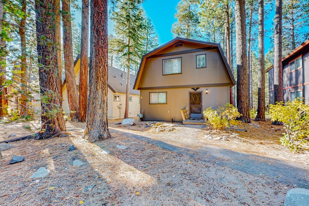 Classic central cabin near river with large tree-lined deck, grassy yard & gym