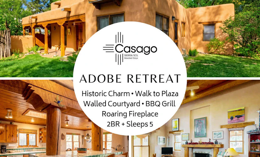 Retreat with adobe courtyard, fireplace & stylish decor - walk to Taos Plaza