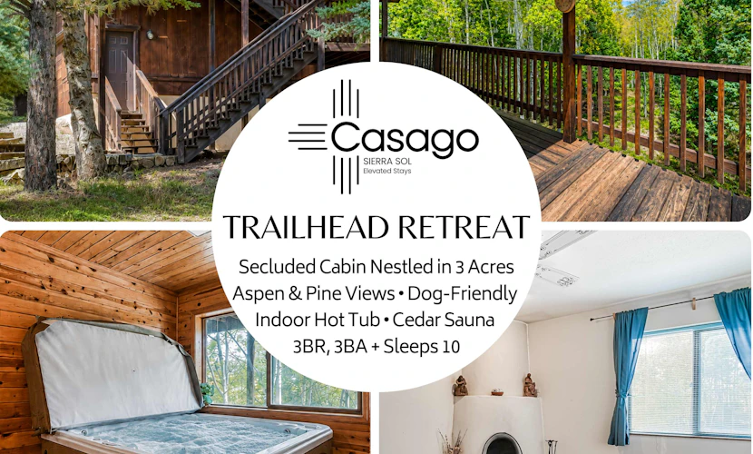 Welcome to Trailhead Retreat, a secluded Angel Fire cabin tucked into three private acres of aspens and pines with hiking trails right outside the door. Unwind in the indoor hot tub and cedar sauna after a day outside, warm up by the wood-burning fireplace, and take in the forest from the wraparound deck. With three bedrooms, room for ten, and your dog welcome, it is a peaceful basecamp for trails, golf, and mountain air.