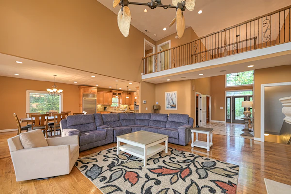 Lakefront getaway with private dock, office, firepit, deck, & pool table