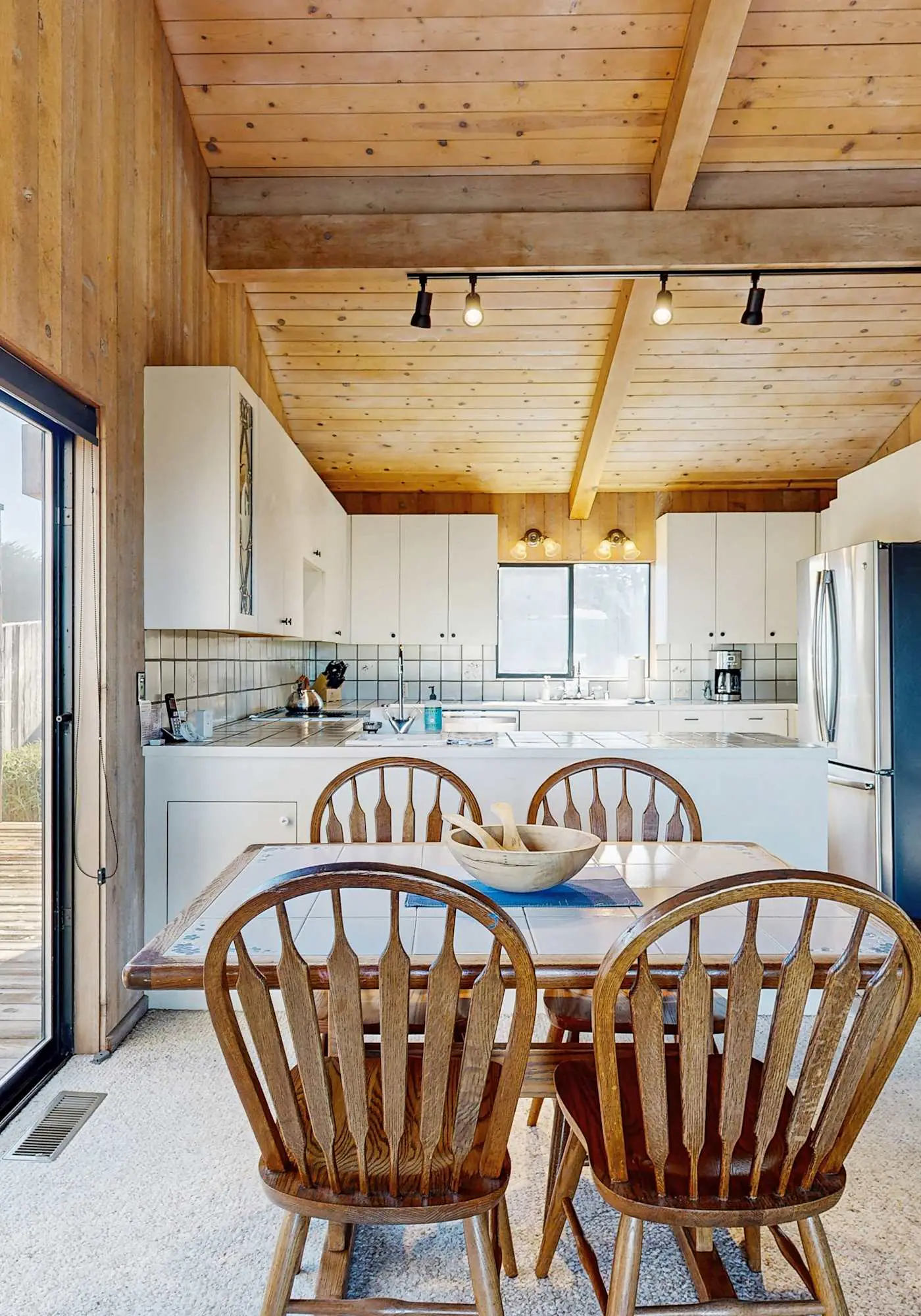 Ocean view home with stone fireplace, dog-friendly