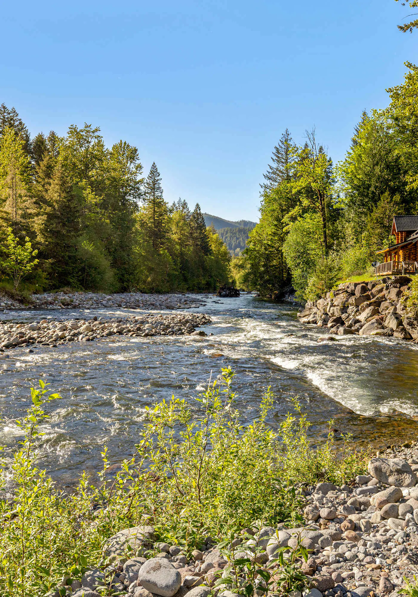 Riverfront retreat with panoramic river and forest views