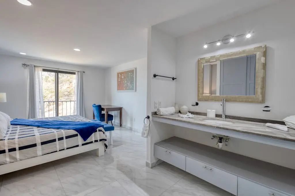 Dog-friendly hotel suite with ocean-view rooftop infinity pool, central AC & gym