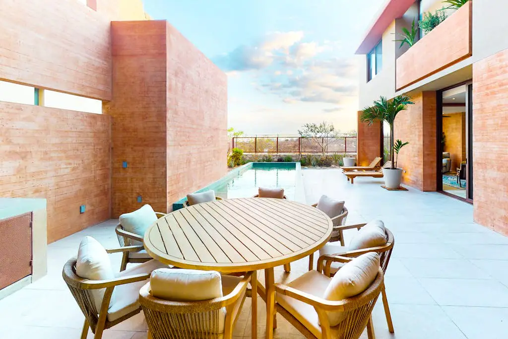 Luxury house with private pool, ocean view, inviting balcony & elegant charm