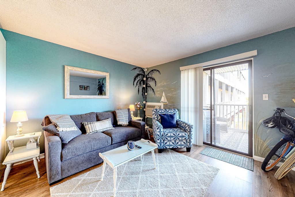 Water-view studio with balcony, washer/dryer, & WiFi - walk to beach + boardwalk