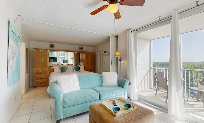 Coastal studio with water views, shared pool, and internet