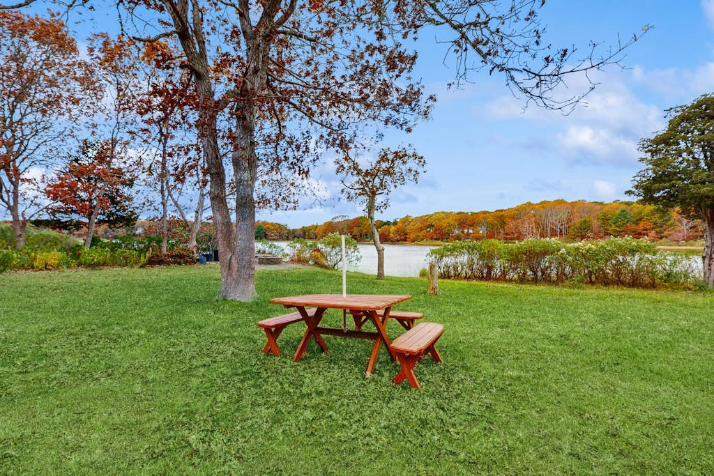 Waterfront Cape house with large deck, fireplace, modern kitchen & grassy yard