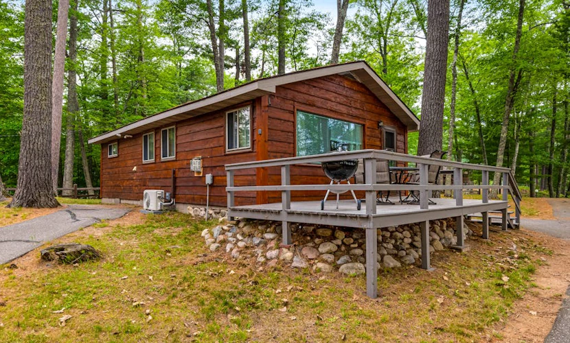 Snowy lake-view cabin with fireplace, full kitchen, TV, dock, & DVD player