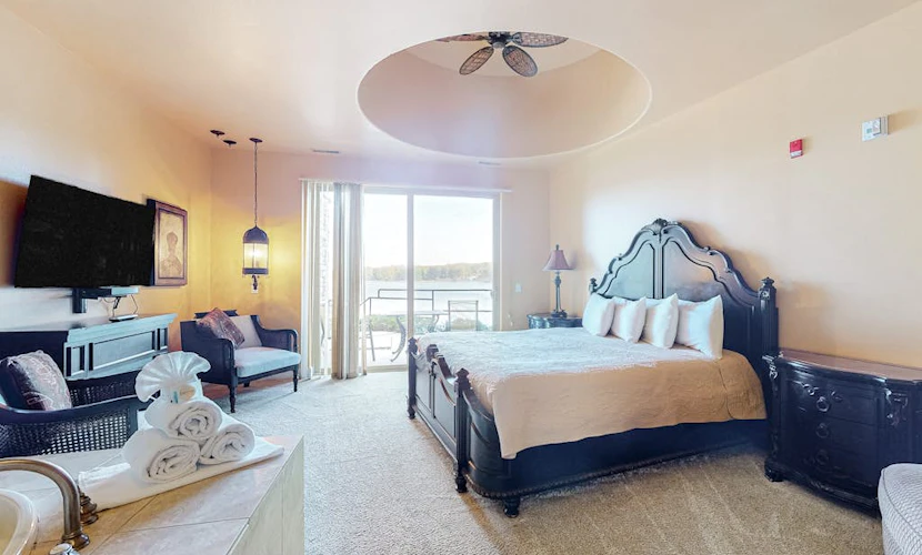 Ultimate relaxation awaits at this luxe lakefront Delton Grand studio