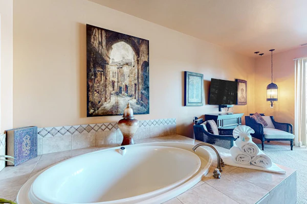 Ultimate relaxation awaits at this luxe lakefront Delton Grand studio